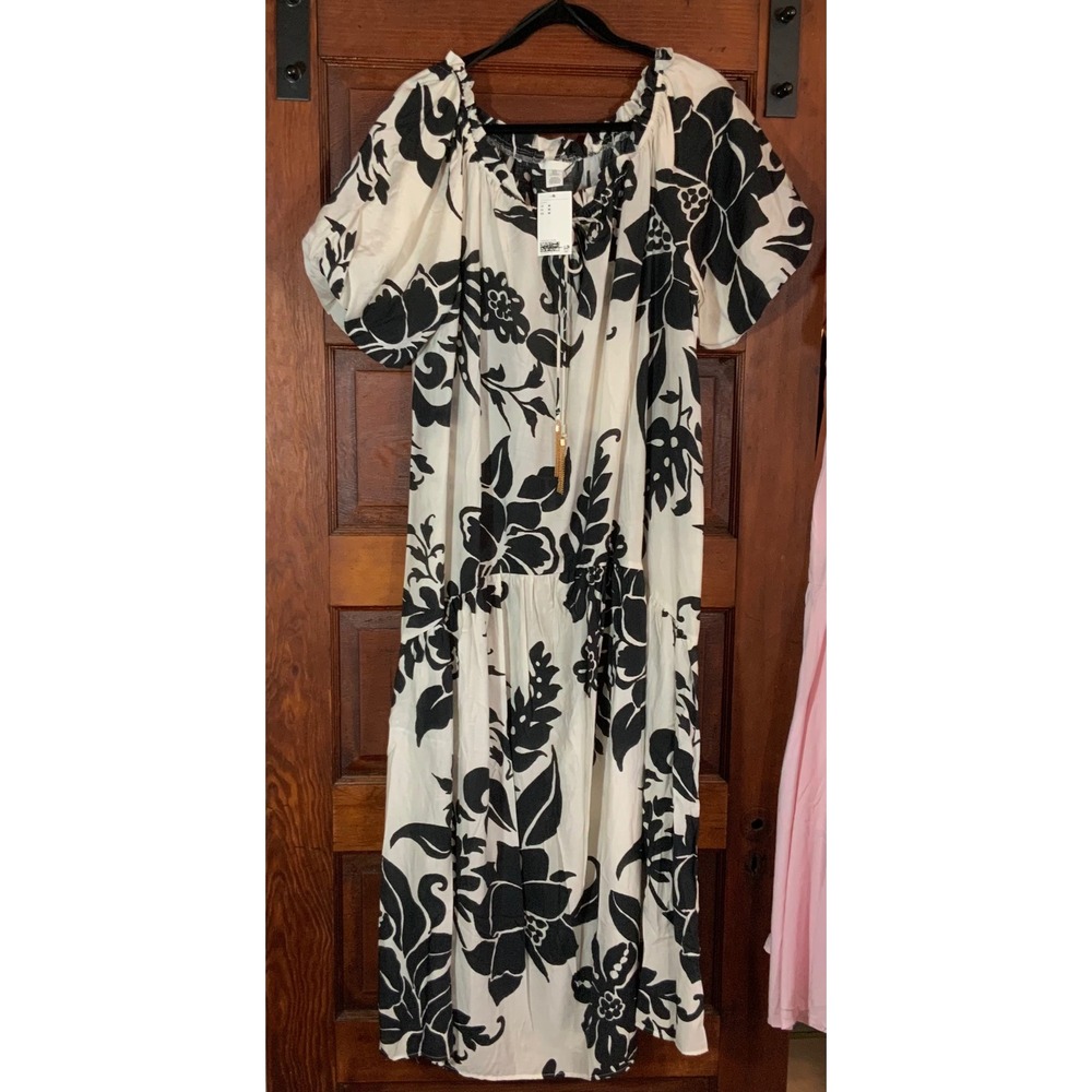 H&M Women Black White Floral Tiered Midi Dress Puff Sleeve Tassel Tie NWT Medium